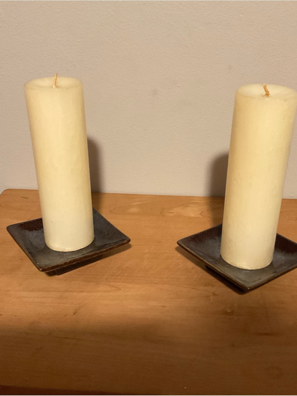 Cream Pillar Candles on Brown Square Holders - Home Accents